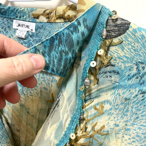 Boho Beaded Floral Top XL Blue Yellow Crinkle Blouse - Picture 9 of 13